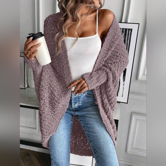 NEW Chic Textured Knit Cocoon Cardigan Sweater Muted Purple - Picture 2 of 8